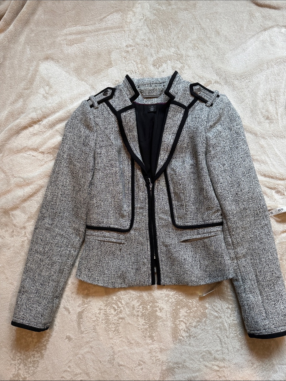 White House Black Market Gray Tweed Zip-Front Blazer with Black Trim